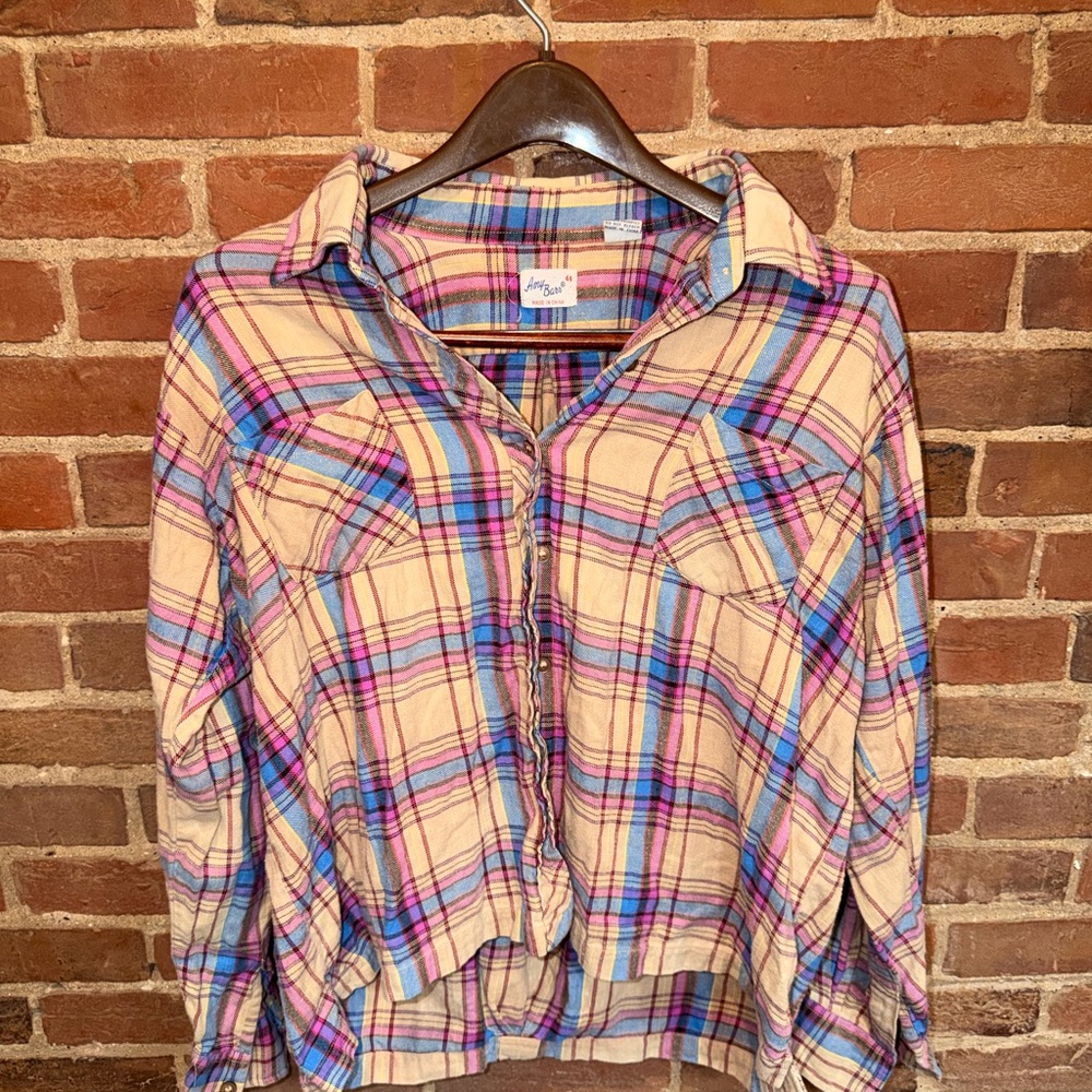 Amy Byer Beige Plaid Button-Down Shirt with Blue and Pink Stripes